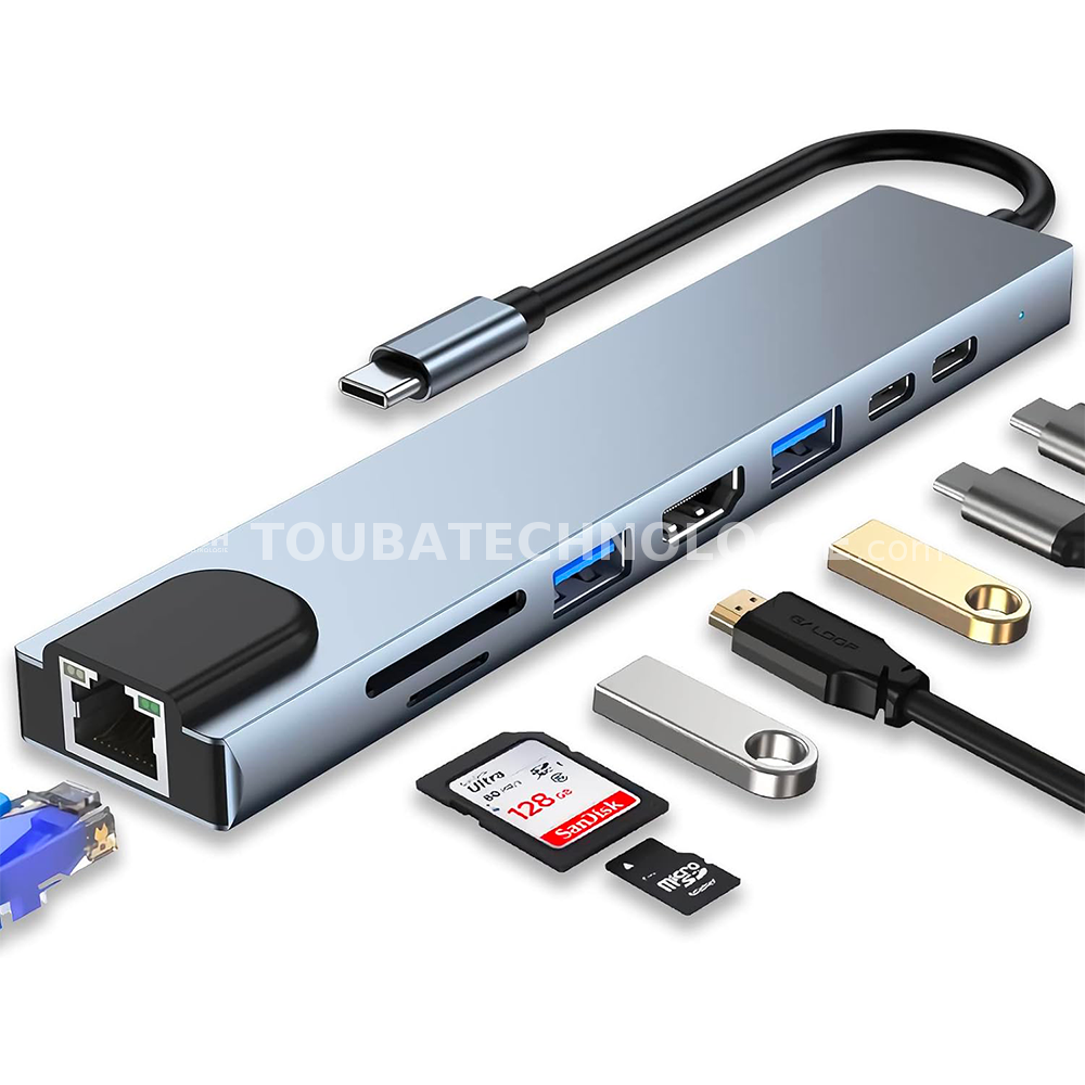 Adaptateur multiport 8 en 1 4K Type C vers USB-C HDMI et hub de câbles USB 3.0