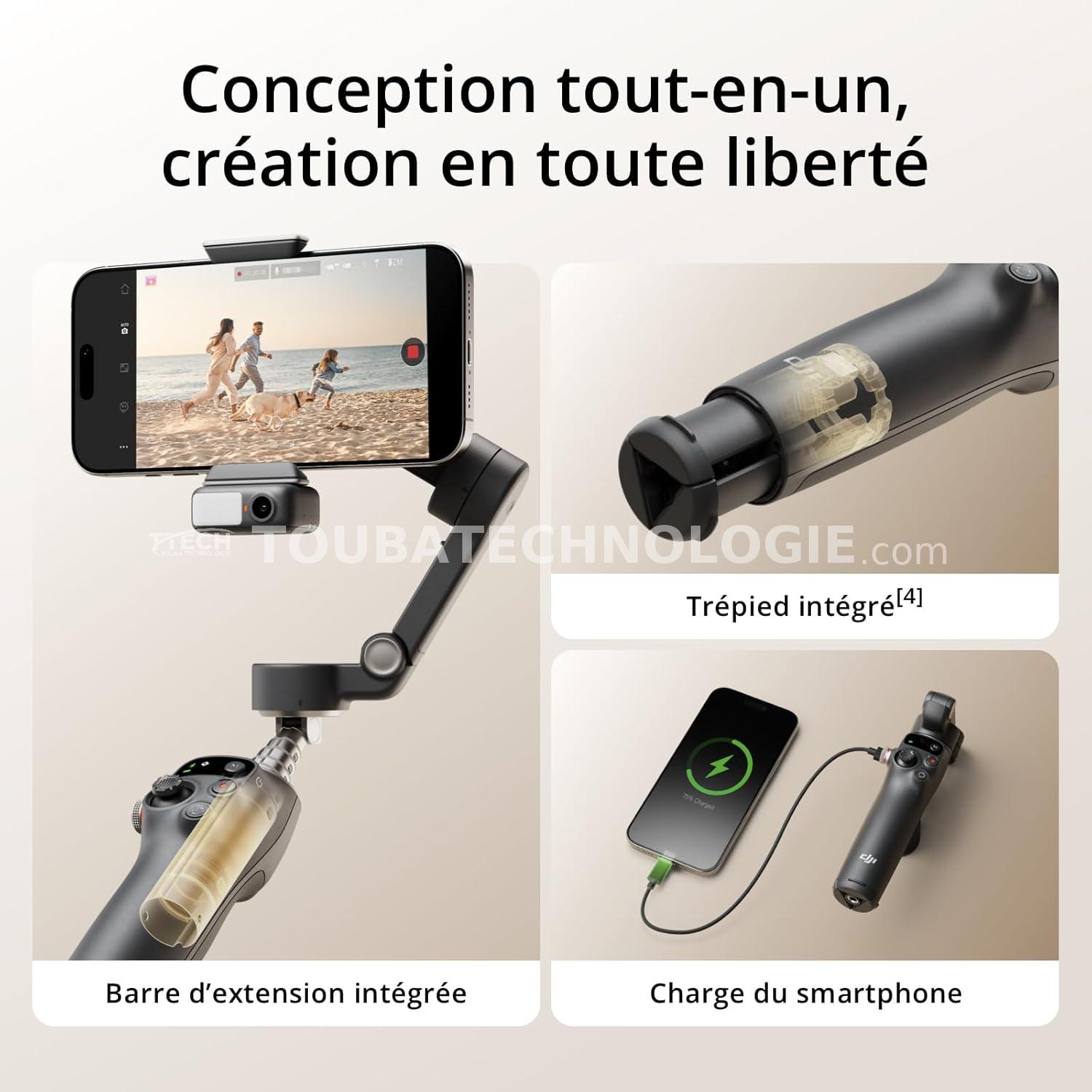 DJI Osmo Mobile 7P pour iPhone, Stabilisateur Nacelle, Android, Suivi natif, Éclairage, Nacelle pour téléphone à 3 axes, Lancement rapide, Édition en un seul clic,Barre d’extension et trépied intégrés