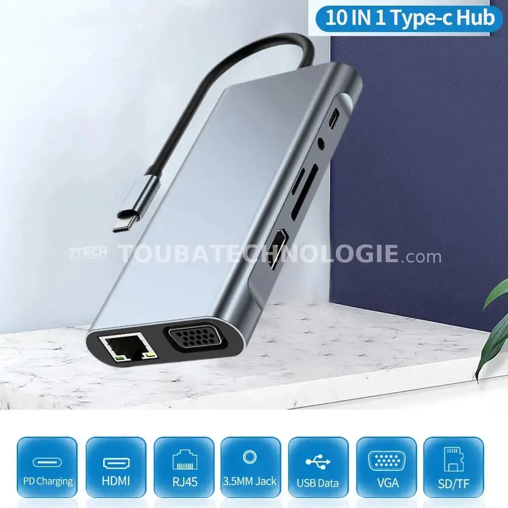 Station d'accueil USB C Hub 10 en 1, adaptateur Multiport